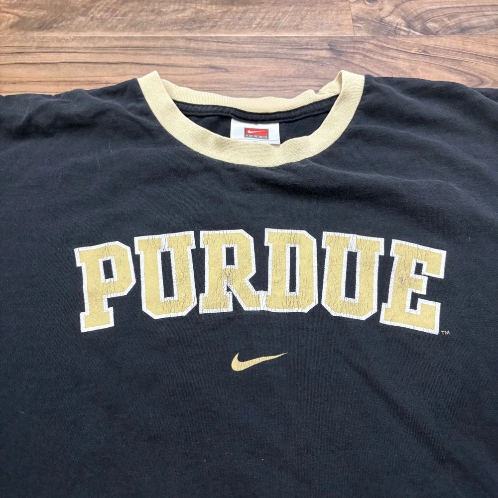 Vintage Y2K Nike Team Purdue T-shirt Mens XL Black Gold Ringer Graphic Tee 2000s